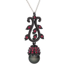 Şah İnci Kolye - Siyah inci ve rodolit garnet 925 ayar siyah rodyum kaplama gümüş kolye (40 cm beyaz altın rolo zincir) #150fxeb