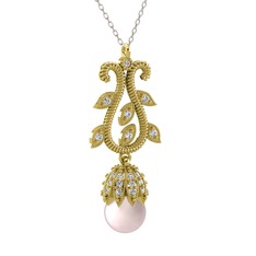 Şah İnci Kolye - Pembe inci ve beyaz zirkon 925 ayar altın kaplama gümüş kolye (40 cm beyaz altın rolo zincir) #15u59ap