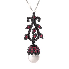 Şah İnci Kolye - Inci ve rodolit garnet 925 ayar siyah rodyum kaplama gümüş kolye (40 cm beyaz altın rolo zincir) #16bz00g
