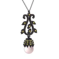 Şah İnci Kolye - Pembe inci ve peridot 925 ayar siyah rodyum kaplama gümüş kolye (40 cm gümüş rolo zincir) #16twyml