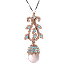 Şah İnci Kolye - Pembe inci ve akuamarin 925 ayar rose altın kaplama gümüş kolye (40 cm gümüş rolo zincir) #17cxkoj