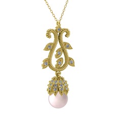 Şah İnci Kolye - Pembe inci ve swarovski 14 ayar altın kolye (40 cm altın rolo zincir) #17fb4kl
