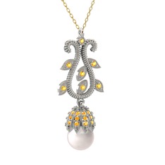 Şah İnci Kolye - Inci ve sitrin 14 ayar beyaz altın kolye (40 cm altın rolo zincir) #18j851e