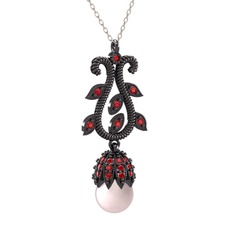 Şah İnci Kolye - Pembe inci ve garnet 925 ayar siyah rodyum kaplama gümüş kolye (40 cm beyaz altın rolo zincir) #18qatnb