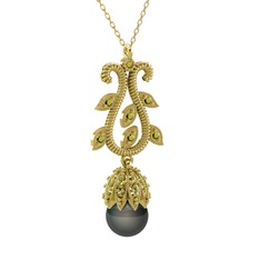 Şah İnci Kolye - Siyah inci ve peridot 14 ayar altın kolye (40 cm altın rolo zincir) #195ro63