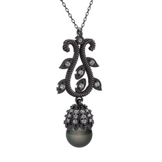 Şah İnci Kolye - Siyah inci ve swarovski 925 ayar siyah rodyum kaplama gümüş kolye (40 cm gümüş rolo zincir) #19jcq7n