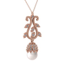 Şah İnci Kolye - Inci ve swarovski 8 ayar rose altın kolye (40 cm rose altın rolo zincir) #1a8n2os