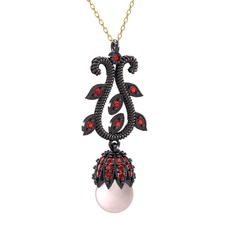 Şah İnci Kolye - Pembe inci ve garnet 925 ayar siyah rodyum kaplama gümüş kolye (40 cm altın rolo zincir) #1b0m7jp