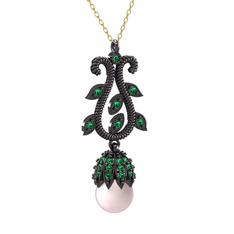 Şah İnci Kolye - Pembe inci ve yeşil kuvars 925 ayar siyah rodyum kaplama gümüş kolye (40 cm altın rolo zincir) #1b0xrr9