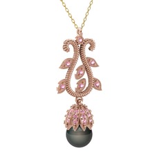 Siyah inci ve pembe kuvars 18 ayar rose altın kolye (40 cm altın rolo zincir)
