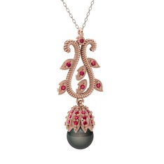 Şah İnci Kolye - Siyah inci ve rodolit garnet 925 ayar rose altın kaplama gümüş kolye (40 cm beyaz altın rolo zincir) #1bupn90