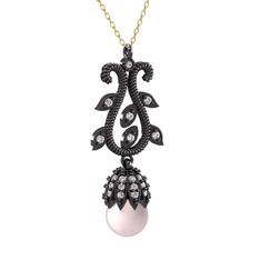 Şah İnci Kolye - Pembe inci ve beyaz zirkon 925 ayar siyah rodyum kaplama gümüş kolye (40 cm altın rolo zincir) #1c4t9eu