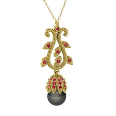 Şah İnci Kolye - Siyah inci ve rodolit garnet 925 ayar altın kaplama gümüş kolye (40 cm altın rolo zincir) #1ct42jx
