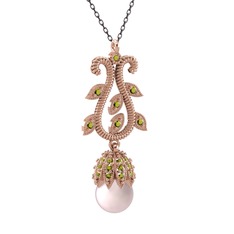 Şah İnci Kolye - Pembe inci ve peridot 8 ayar rose altın kolye (40 cm gümüş rolo zincir) #1df63n