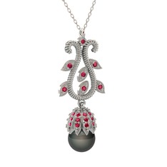 Şah İnci Kolye - Siyah inci ve rodolit garnet 18 ayar beyaz altın kolye (40 cm beyaz altın rolo zincir) #1dow3vf