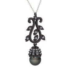 Şah İnci Kolye - Siyah inci ve swarovski 925 ayar siyah rodyum kaplama gümüş kolye (40 cm gümüş rolo zincir) #1dwnrnk
