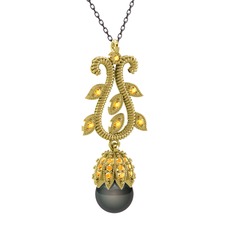 Şah İnci Kolye - Siyah inci ve sitrin 14 ayar altın kolye (40 cm gümüş rolo zincir) #1e1o3fh