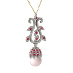 Şah İnci Kolye - Pembe inci ve rodolit garnet 14 ayar beyaz altın kolye (40 cm altın rolo zincir) #1ea368o