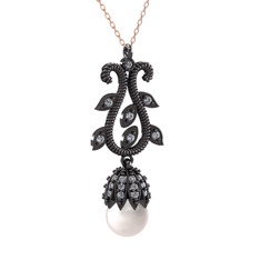 Şah İnci Kolye - Inci ve pırlanta 925 ayar siyah rodyum kaplama gümüş kolye (0.51 karat, 40 cm rose altın rolo zincir) #1fod2bj