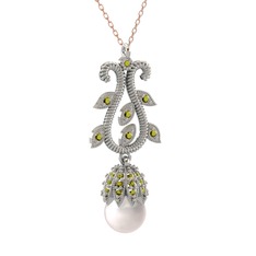 Şah İnci Kolye - Inci ve peridot 14 ayar beyaz altın kolye (40 cm rose altın rolo zincir) #1fxn1lv
