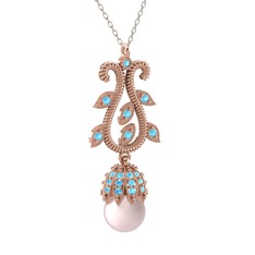 Şah İnci Kolye - Pembe inci ve akuamarin 925 ayar rose altın kaplama gümüş kolye (40 cm beyaz altın rolo zincir) #1gz39l