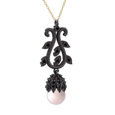 Şah İnci Kolye - Pembe inci ve siyah zirkon 925 ayar siyah rodyum kaplama gümüş kolye (40 cm gümüş rolo zincir) #1h8sgv3