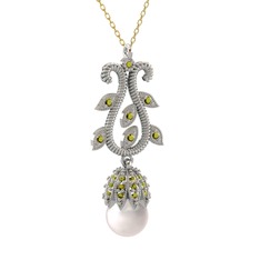 Şah İnci Kolye - Inci ve peridot 925 ayar gümüş kolye (40 cm gümüş rolo zincir) #1hfanbi