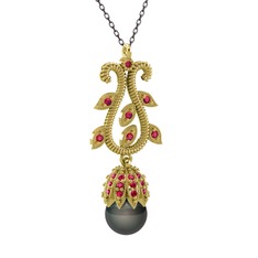Siyah inci ve rodolit garnet 18 ayar altın kolye (40 cm gümüş rolo zincir)