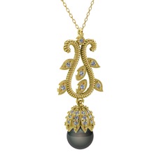 Şah İnci Kolye - Siyah inci ve swarovski 14 ayar altın kolye (40 cm gümüş rolo zincir) #1hs24ev