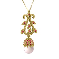 Şah İnci Kolye - Pembe inci ve rodolit garnet 14 ayar altın kolye (40 cm altın rolo zincir) #1i8lhwm