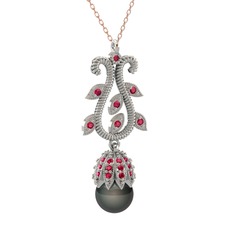 Siyah inci ve rodolit garnet 18 ayar beyaz altın kolye (40 cm rose altın rolo zincir)