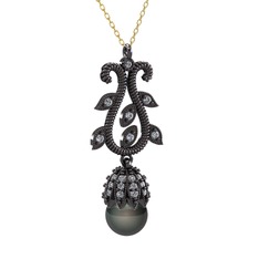 Şah İnci Kolye - Siyah inci ve swarovski 925 ayar siyah rodyum kaplama gümüş kolye (40 cm gümüş rolo zincir) #1im9r2u