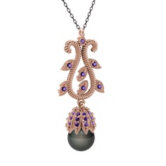 Şah İnci Kolye - Siyah inci ve ametist 925 ayar rose altın kaplama gümüş kolye (40 cm gümüş rolo zincir) #1imshkr