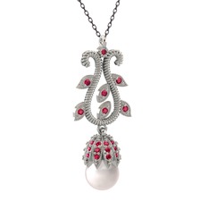 Inci ve rodolit garnet 18 ayar beyaz altın kolye (40 cm gümüş rolo zincir)