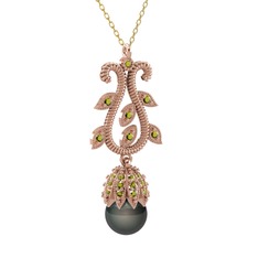Siyah inci ve peridot 14 ayar rose altın kolye (40 cm altın rolo zincir)