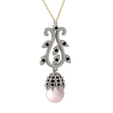 Şah İnci Kolye - Pembe inci ve siyah zirkon 925 ayar gümüş kolye (40 cm gümüş rolo zincir) #1kgm380