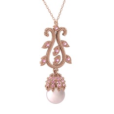 Şah İnci Kolye - Pembe inci ve pembe kuvars 14 ayar rose altın kolye (40 cm rose altın rolo zincir) #1l7497o