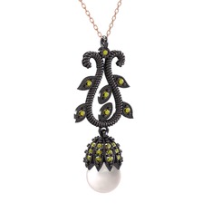 Şah İnci Kolye - Inci ve peridot 925 ayar siyah rodyum kaplama gümüş kolye (40 cm rose altın rolo zincir) #1mqunel