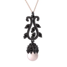 Şah İnci Kolye - Pembe inci ve siyah zirkon 925 ayar siyah rodyum kaplama gümüş kolye (40 cm rose altın rolo zincir) #1o0nc83