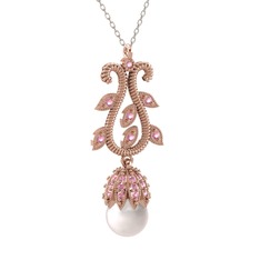 Şah İnci Kolye - Inci ve pembe kuvars 14 ayar rose altın kolye (40 cm beyaz altın rolo zincir) #1oe8ftx