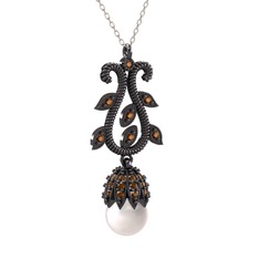 Inci ve dumanlı kuvars 925 ayar siyah rodyum kaplama gümüş kolye (40 cm gümüş rolo zincir)