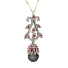 Şah İnci Kolye - Siyah inci ve garnet 18 ayar beyaz altın kolye (40 cm gümüş rolo zincir) #1qcn101