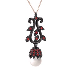 Şah İnci Kolye - Inci ve garnet 925 ayar siyah rodyum kaplama gümüş kolye (40 cm rose altın rolo zincir) #1ql1z3p