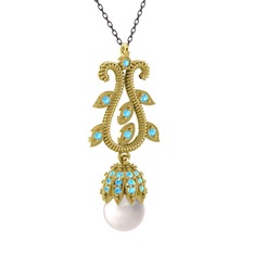 Şah İnci Kolye - Inci ve akuamarin 18 ayar altın kolye (40 cm gümüş rolo zincir) #1rdm5bj