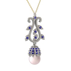Pembe inci ve lab safir 925 ayar gümüş kolye (40 cm gümüş rolo zincir)