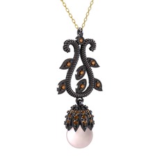 Şah İnci Kolye - Pembe inci ve dumanlı kuvars 925 ayar siyah rodyum kaplama gümüş kolye (40 cm gümüş rolo zincir) #1rk9h05