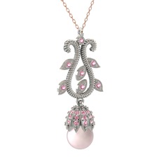 Şah İnci Kolye - Pembe inci ve pembe kuvars 18 ayar beyaz altın kolye (40 cm rose altın rolo zincir) #1roayeo