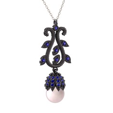 Şah İnci Kolye - Pembe inci ve lab safir 925 ayar siyah rodyum kaplama gümüş kolye (40 cm gümüş rolo zincir) #1s7k9pv