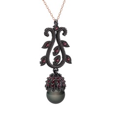 Şah İnci Kolye - Siyah inci ve kök yakut 925 ayar siyah rodyum kaplama gümüş kolye (40 cm rose altın rolo zincir) #1sadomn