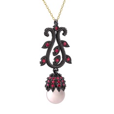Şah İnci Kolye - Pembe inci ve rodolit garnet 925 ayar siyah rodyum kaplama gümüş kolye (40 cm altın rolo zincir) #1ssyy17